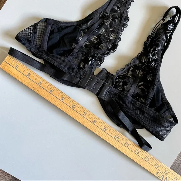 Black Strappy Bra Floral Lace Mesh Sides 34C Underwire No Tag Lingerie - Picture 7 of 12
